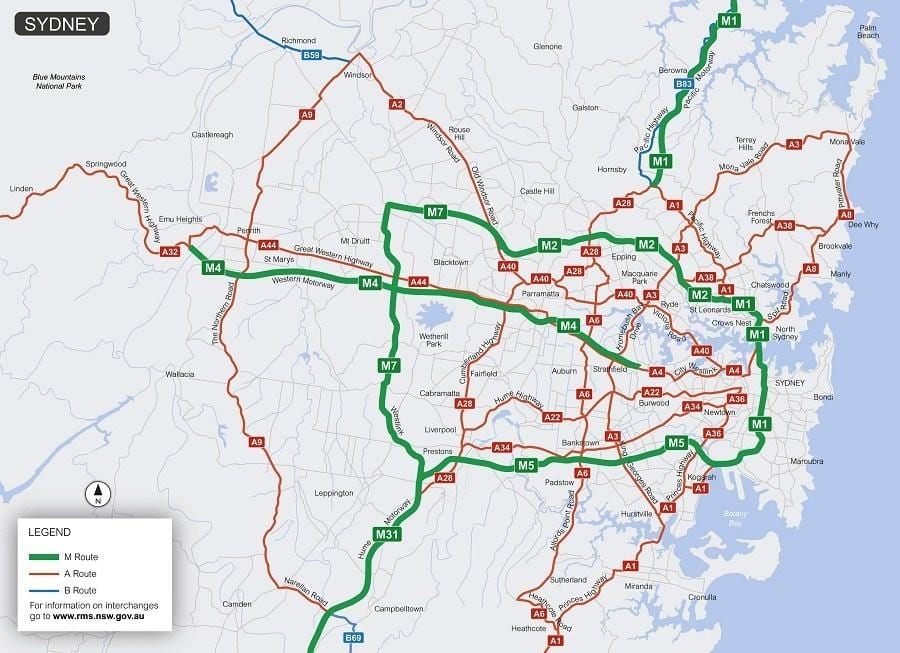 la carte de sydney, les routes à péage